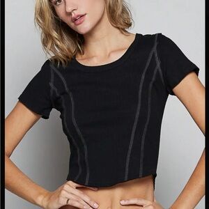 POL NWOT L Black Crop Top with White Stitching